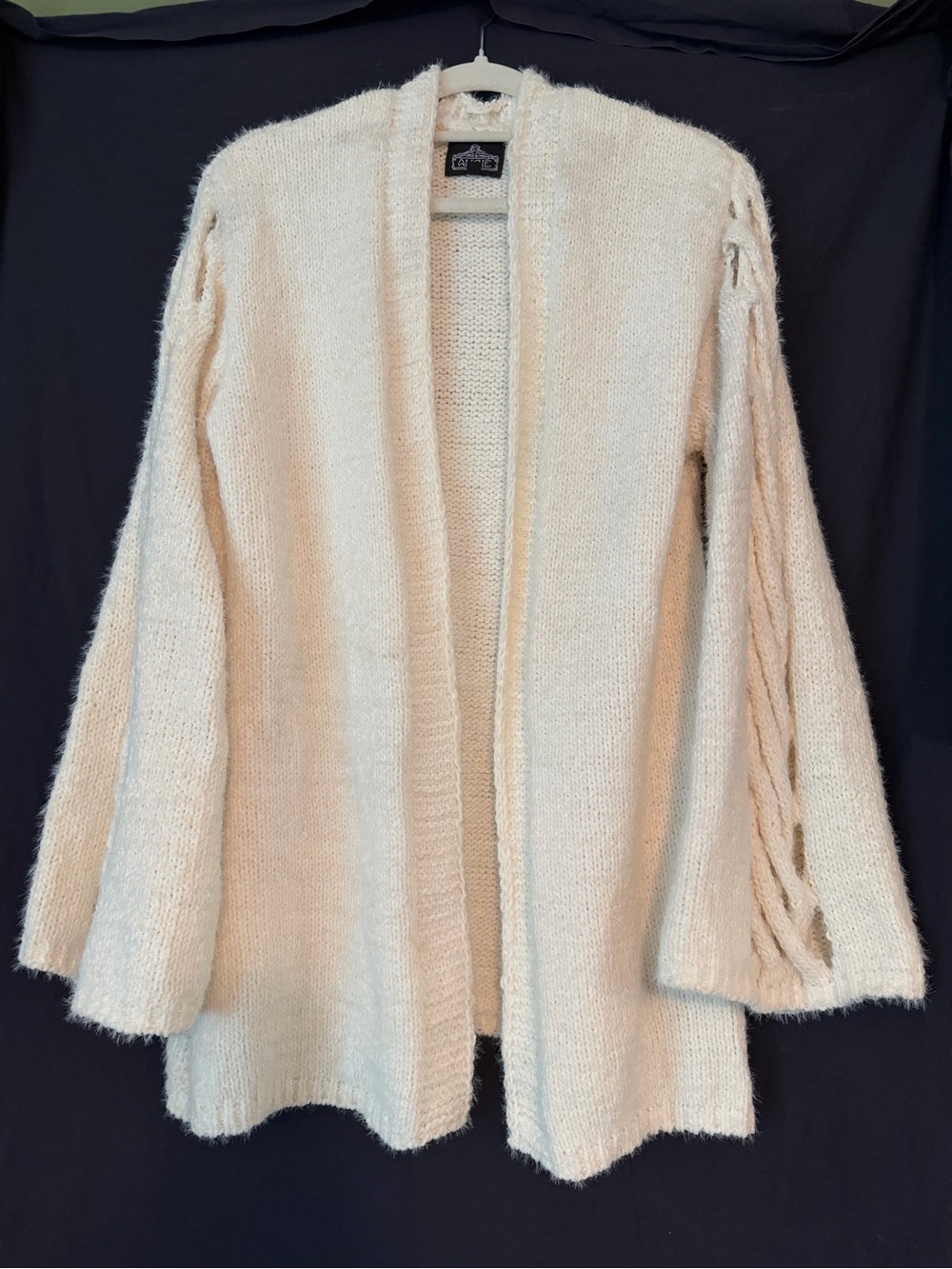 Angie Cream Open-Front Fuzzy Cardigan with Braided Sleeve Detail